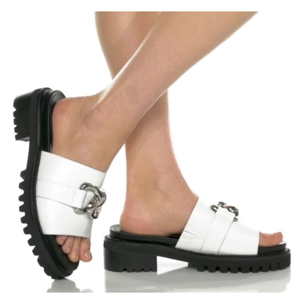 Aerosoles Lima Slide Sandals Womens 8.5 White Leather Lug Sole Chain Edgy Grunge